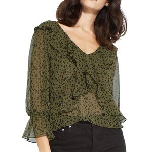 MISA Los Angeles Olive Green Ruffle V-Neck Polka Dot Blouse